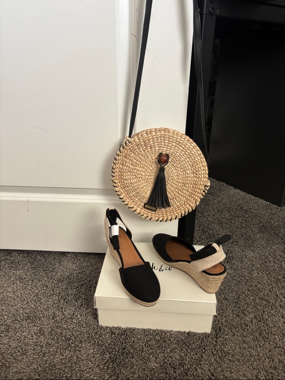 Style & Co. Black and Natural Espadrille Wedges with Ankle Strap